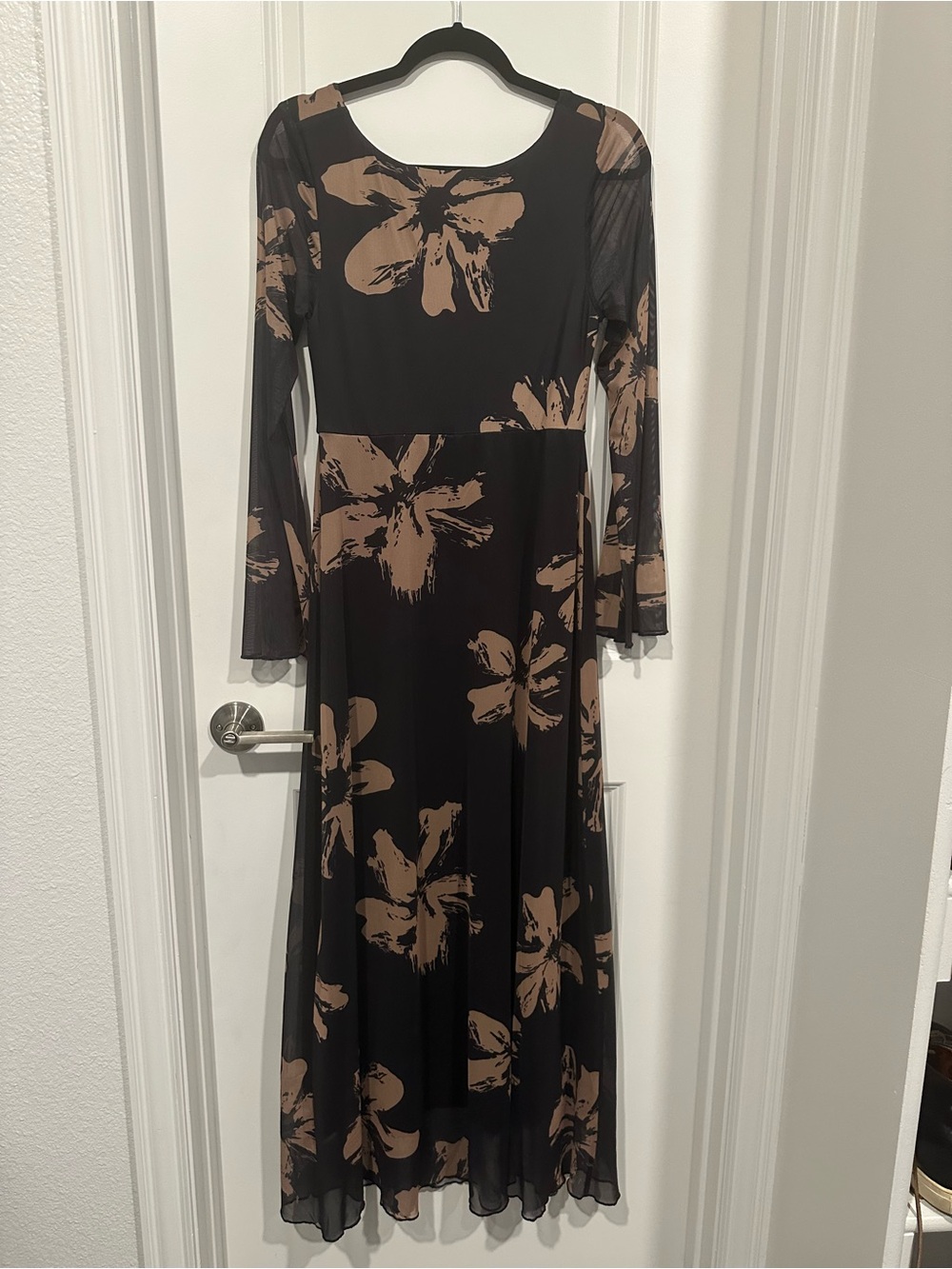 Commense Black Gown with Tan Floral Print and Sheer Long Sleeves - Picture 6 of 8